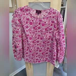 J. Crew Liberty Fabric Pink White Floral Top W/Ruffle Accents On Sleeves Cotton